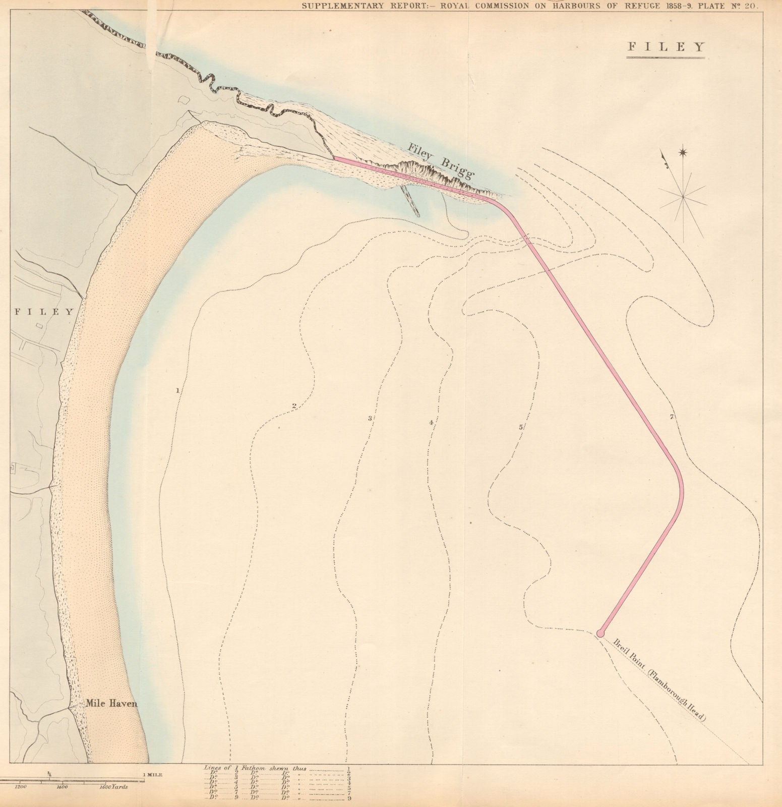 Filey Bay showing the proposed breakwater. Yorkshire 1859 old antique map